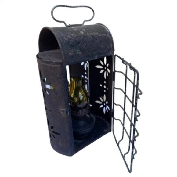 Punched Tin Metal Rustic Lantern with Mini Oil Lamp & Hanger Hinged Door - Picture 2 of 12